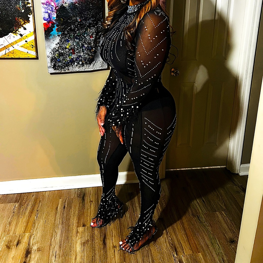 Sexy black jumpsuit with white pearls and silver sequence gently used stretch